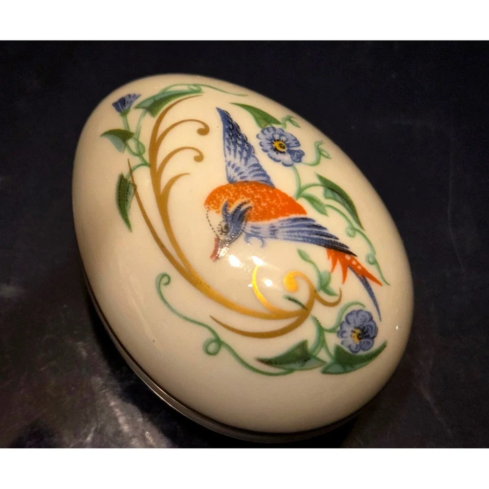 Limoges Castel Egg Trinket Tiny Cream Hummingbird Floral Gold French Decor